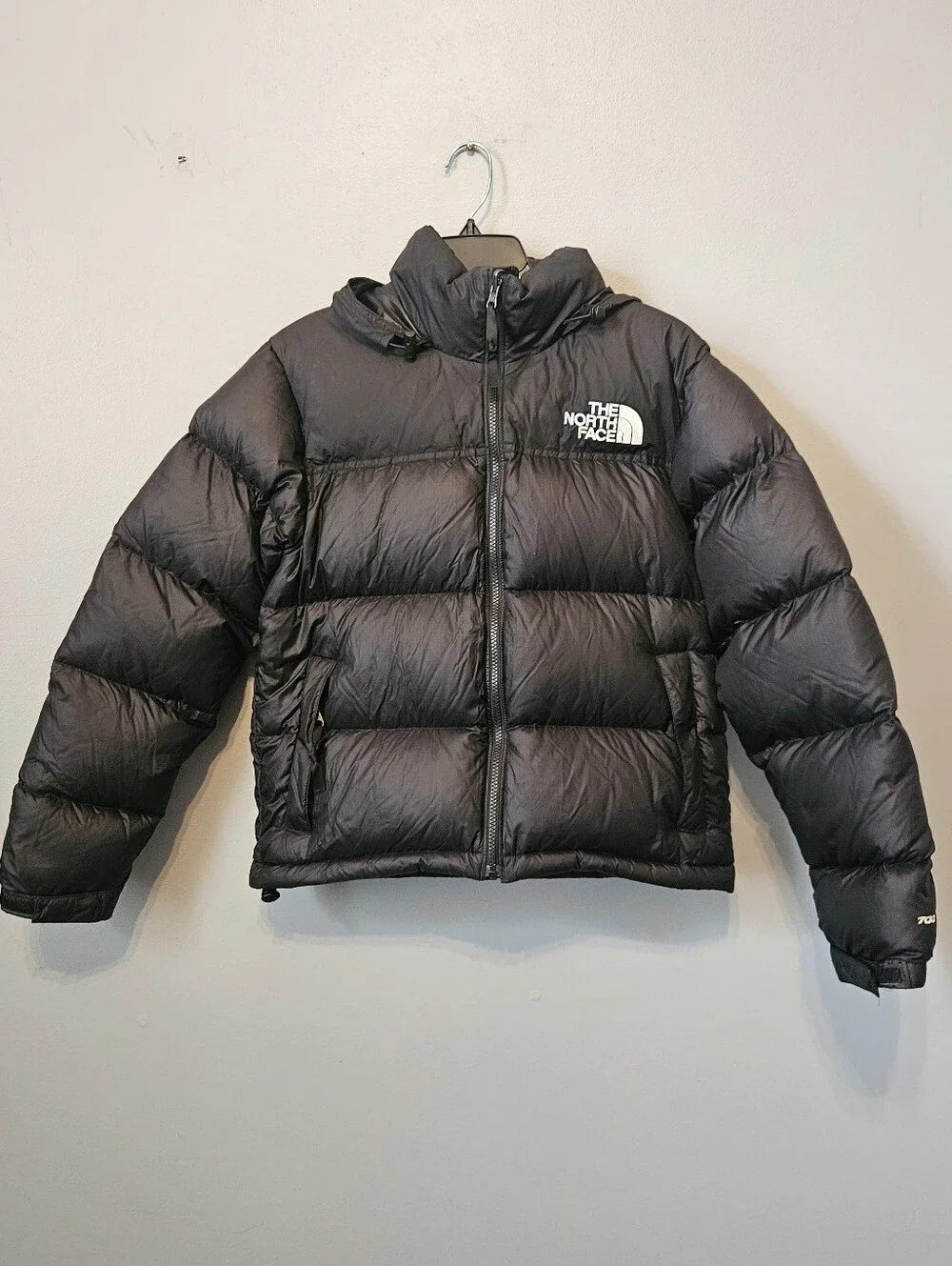 North Face nuptse 700 Down puffer Coat Jacket W Hood black Small S Has REPAIR